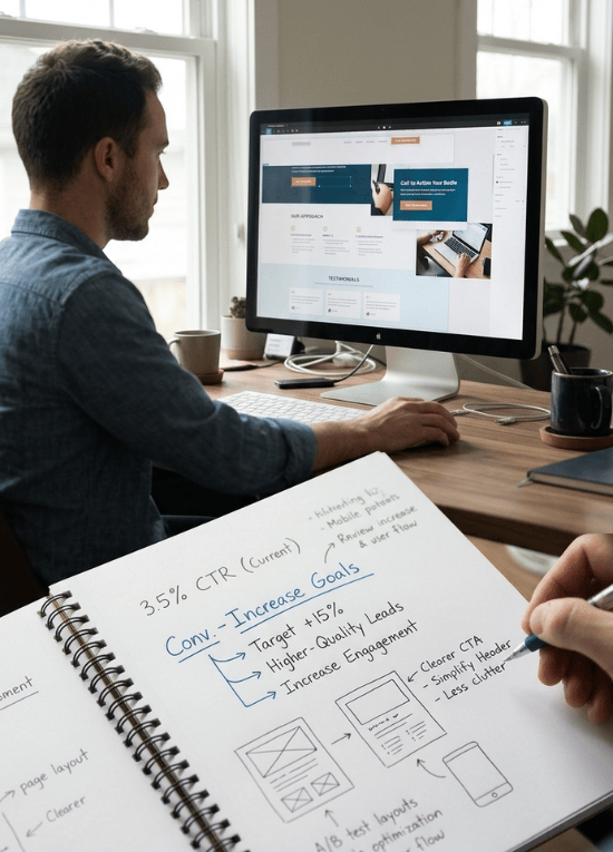 White label PPC strategist reviewing landing page performance and conversion optimization strategy.