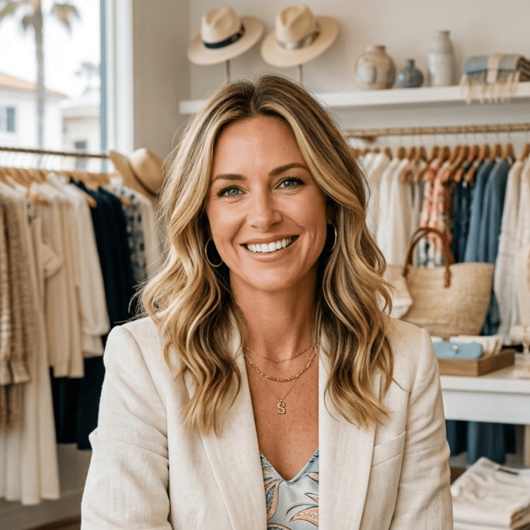Sarah, an Orange County boutique owner, inside her clothing store