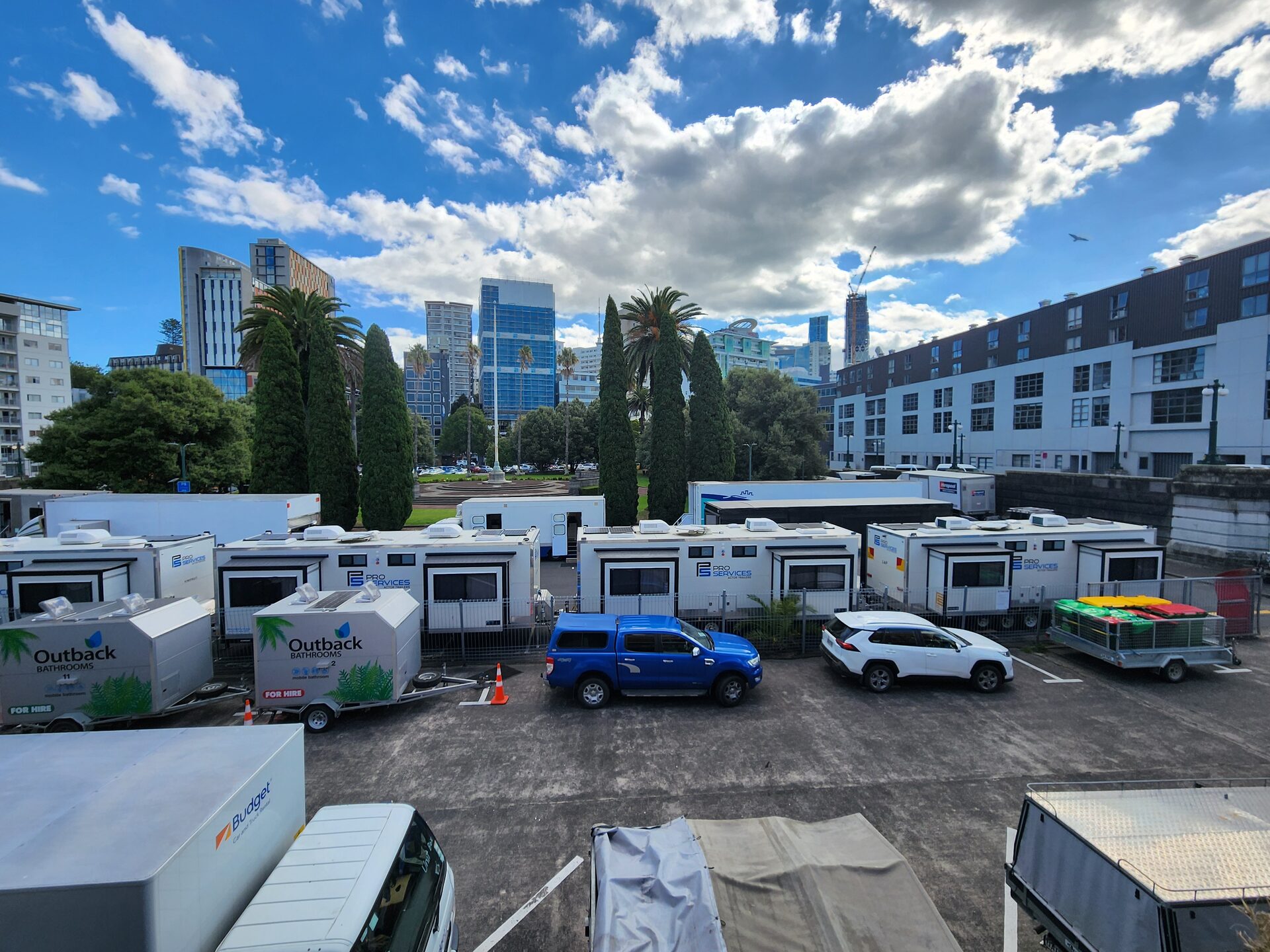 Production unit base with trailers and vehicles under security control