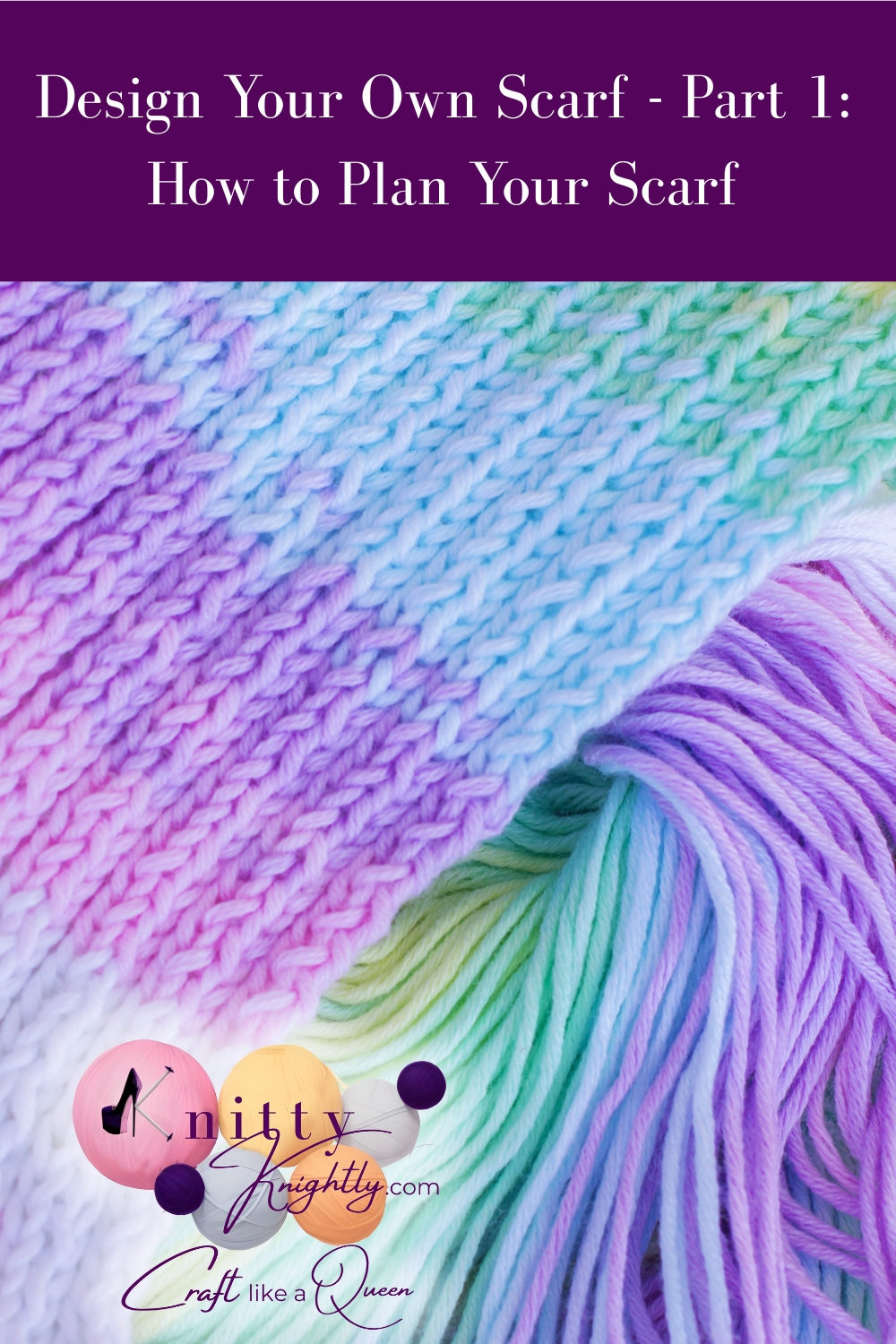 Pinterest Pin of rainbow scarf knit out of variegated yarn