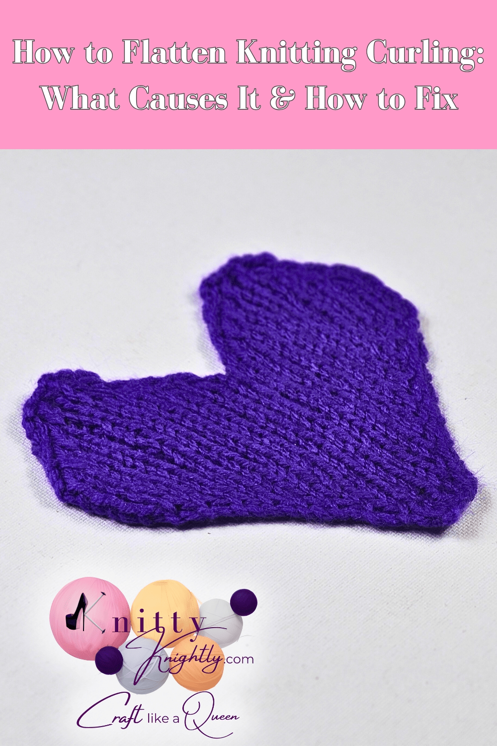 Pinterest pin of purple knit heart on white background
