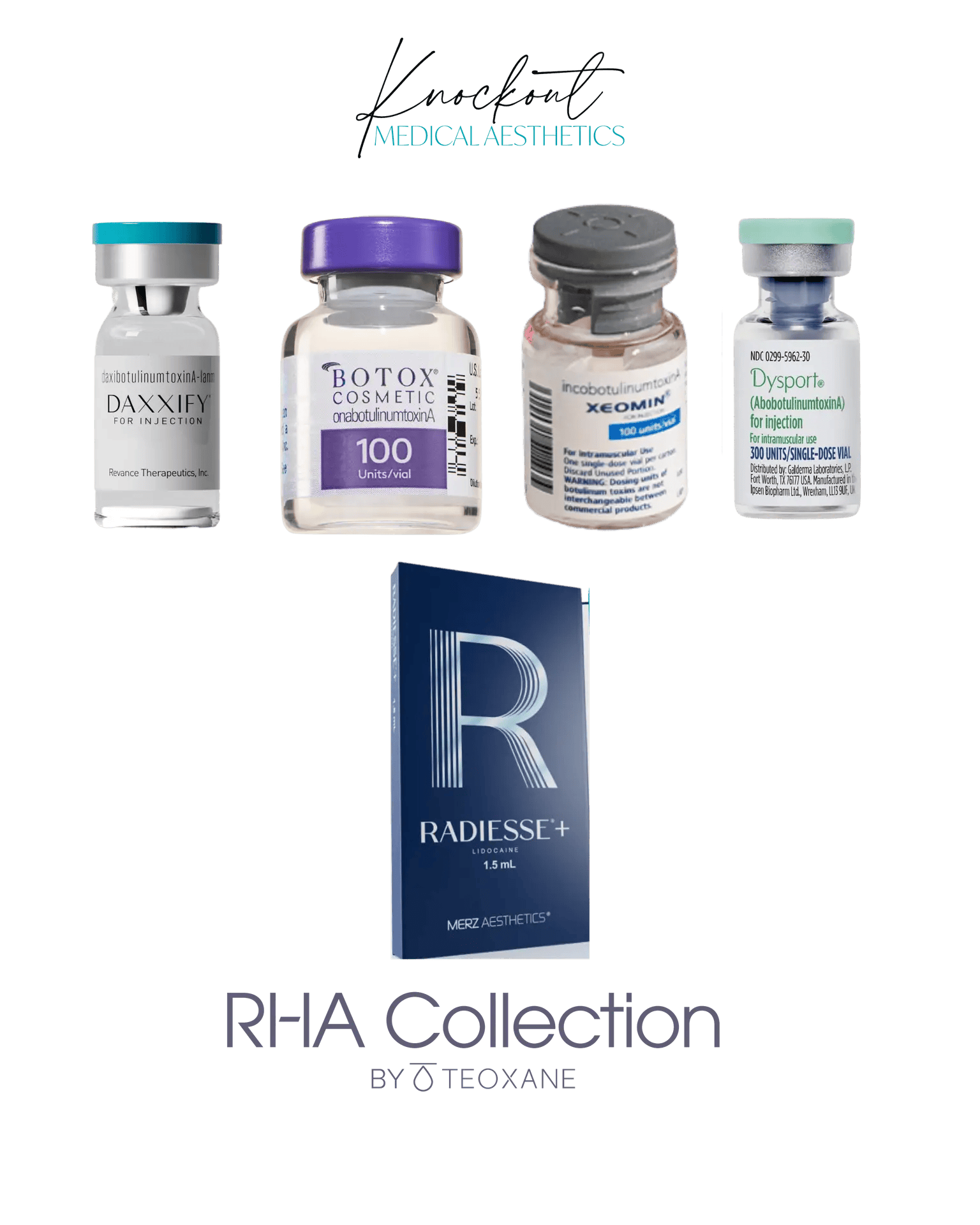 Botox, Dysport, Xeomin, Daxxify, Radiesse and RHA filler products offered at Knockout Medical Aesthetics, Prescott AZ
