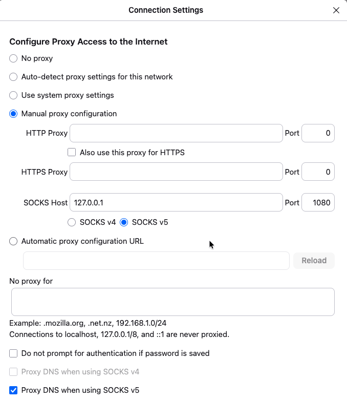 Validated Firefox SOCKS Proxy Settings.