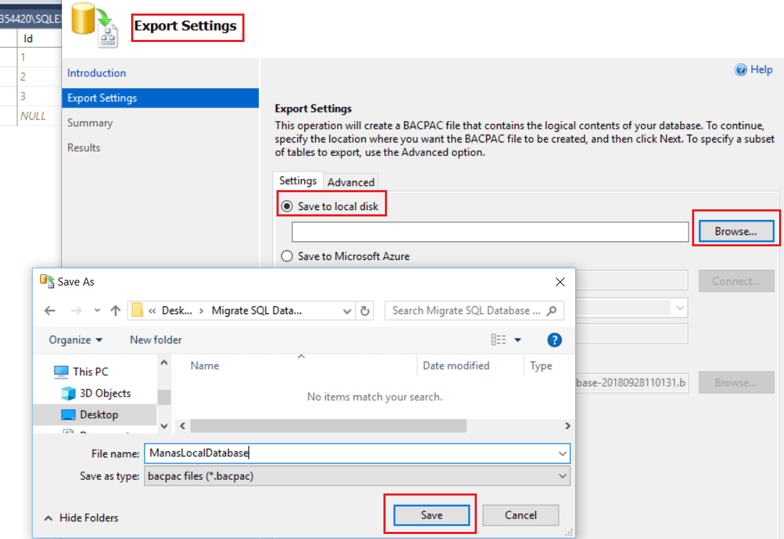  Azure -  Export Local Database -2