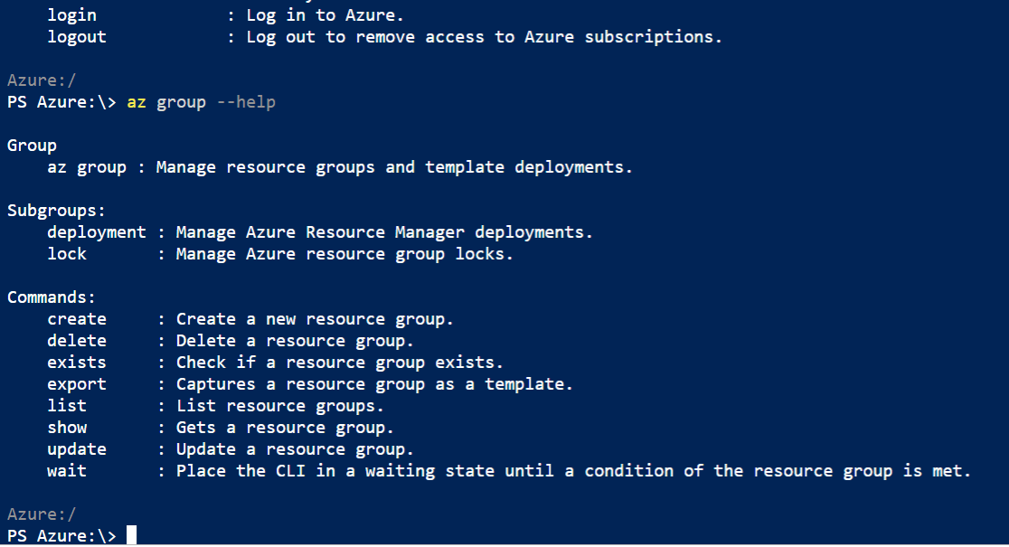 List of Azure Group Commands