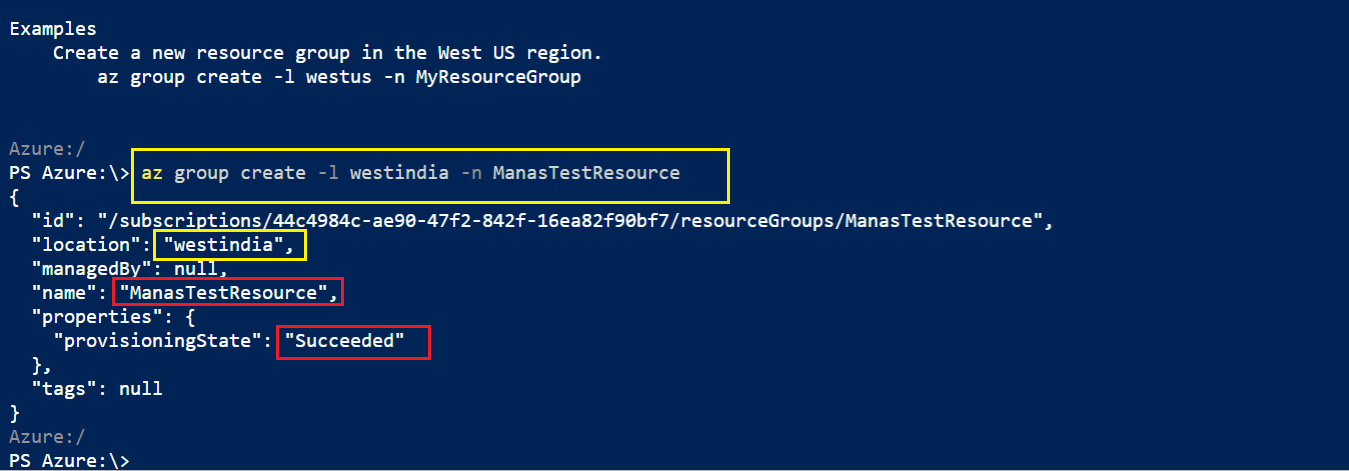 Create new Azure Resource Group under West India