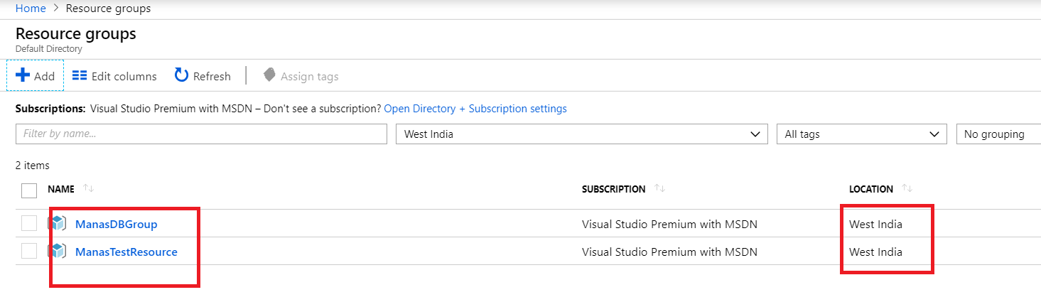 Created new Azure Resource Group under West India