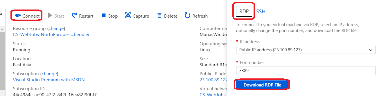 Download RDP of the VM