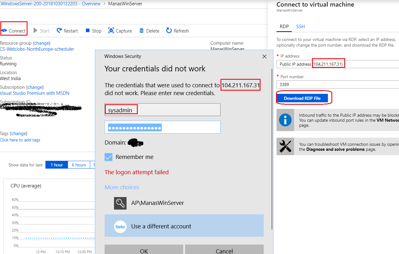 Azure -RDP connection to VM