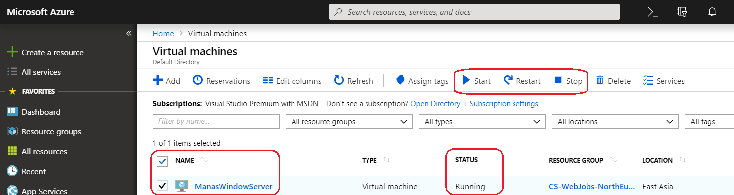  Vertual machine list in the Azure portal