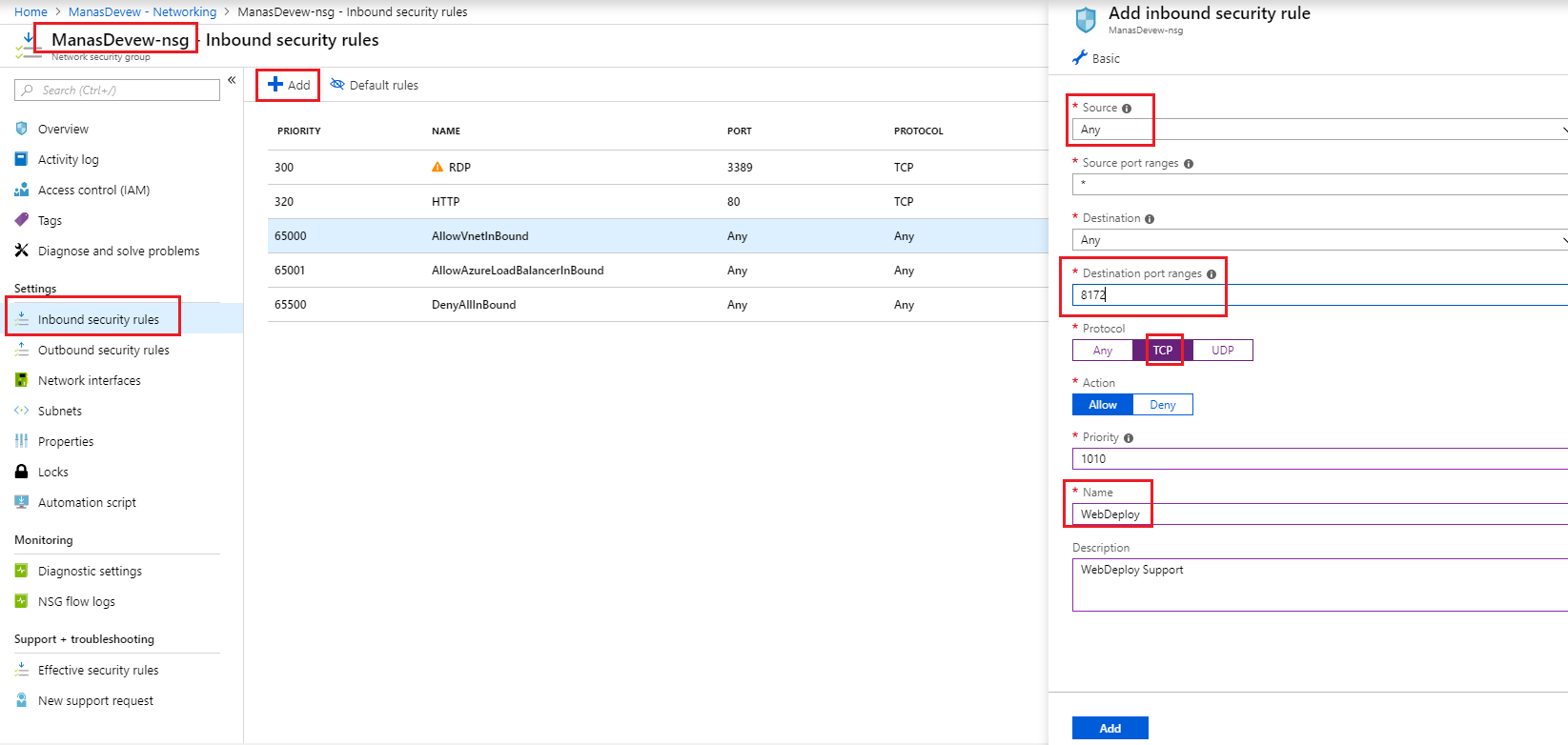 My Inbound Security Rule Configuration