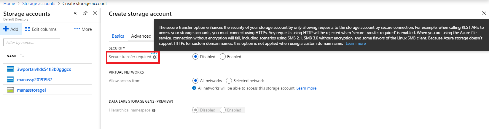 Advance Info to create storage accoount