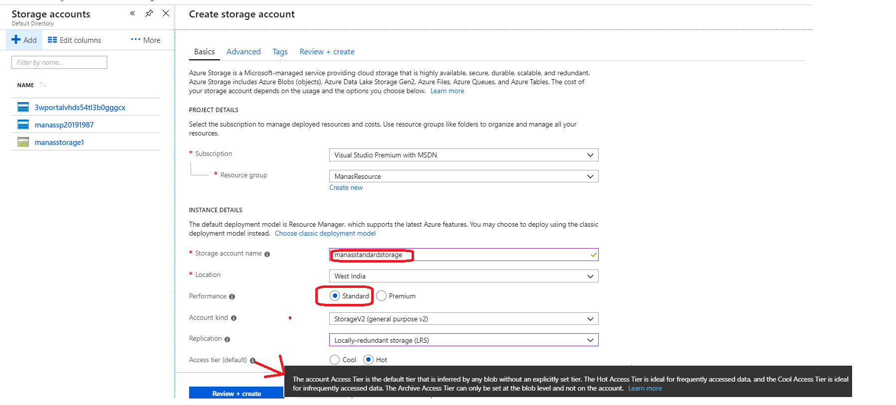 Basic Info to create storage accoount