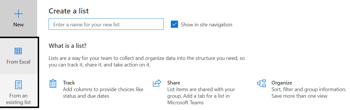 Figure 2: M365 >> SharePoint Online >> New options while creating list