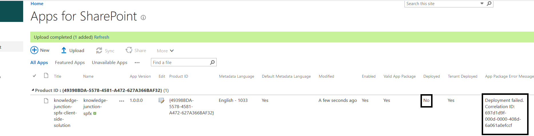 M365 - SharePoint Online - SPFx web part deployment error