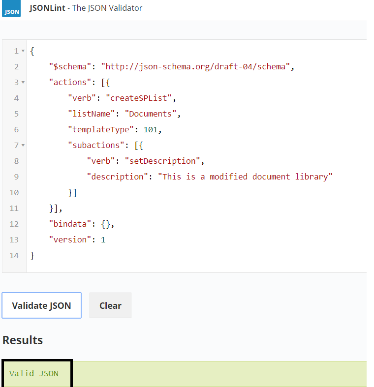 M365 - Site Designs / Site Scripts - Verifying JSON file with JSONLint
