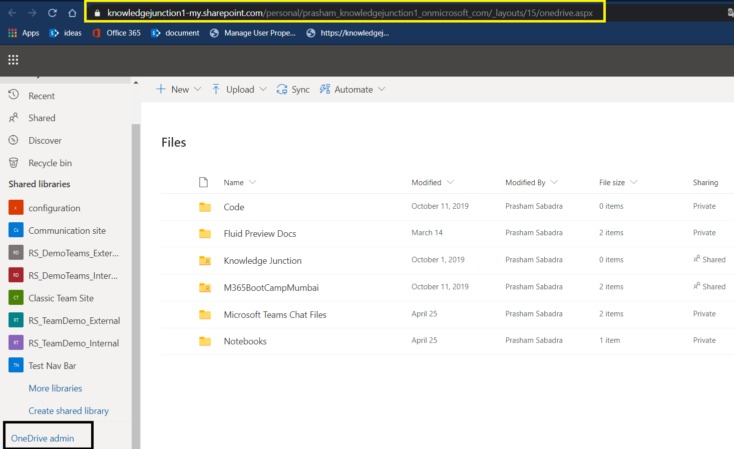OneDrive admin link on OneDrive home page