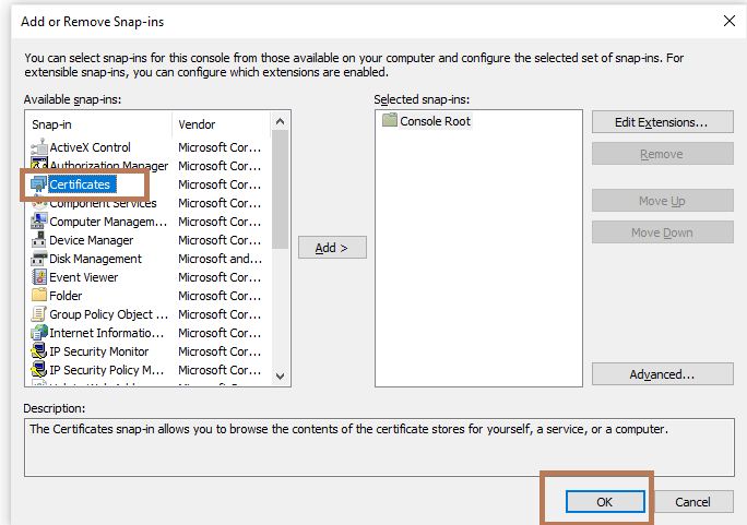  MMC >> Add/Remove Snap-in… - Adding "Certificates" snap-in from available snap-ins