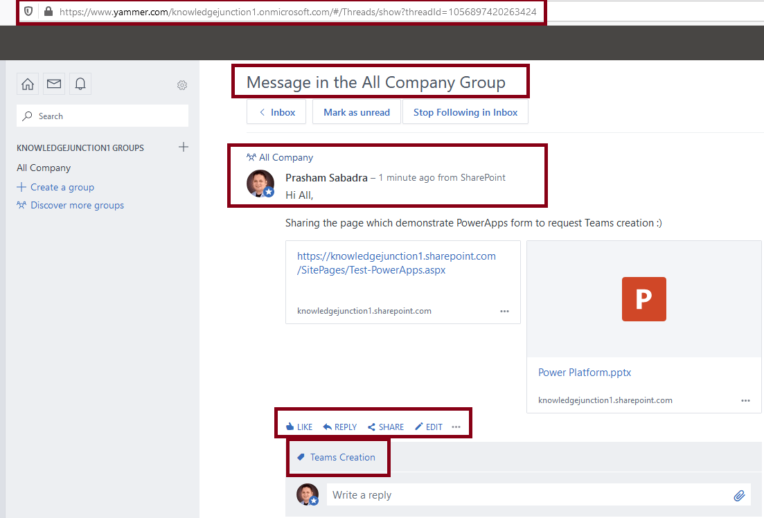 Sharing SharePoint page to Yammer