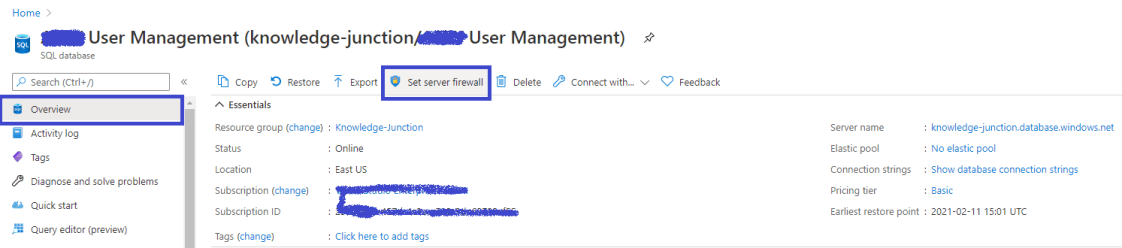 Azure SQL - "set server firewall" setting - to update the firewall rule