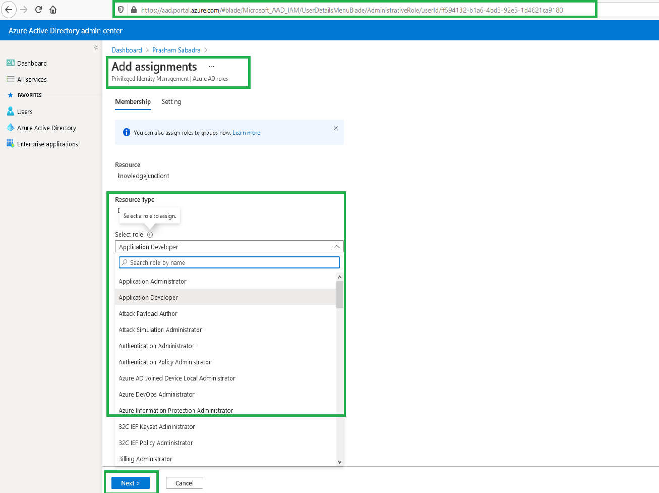 Azure Active Dierctory Admin center - Add role to the user
