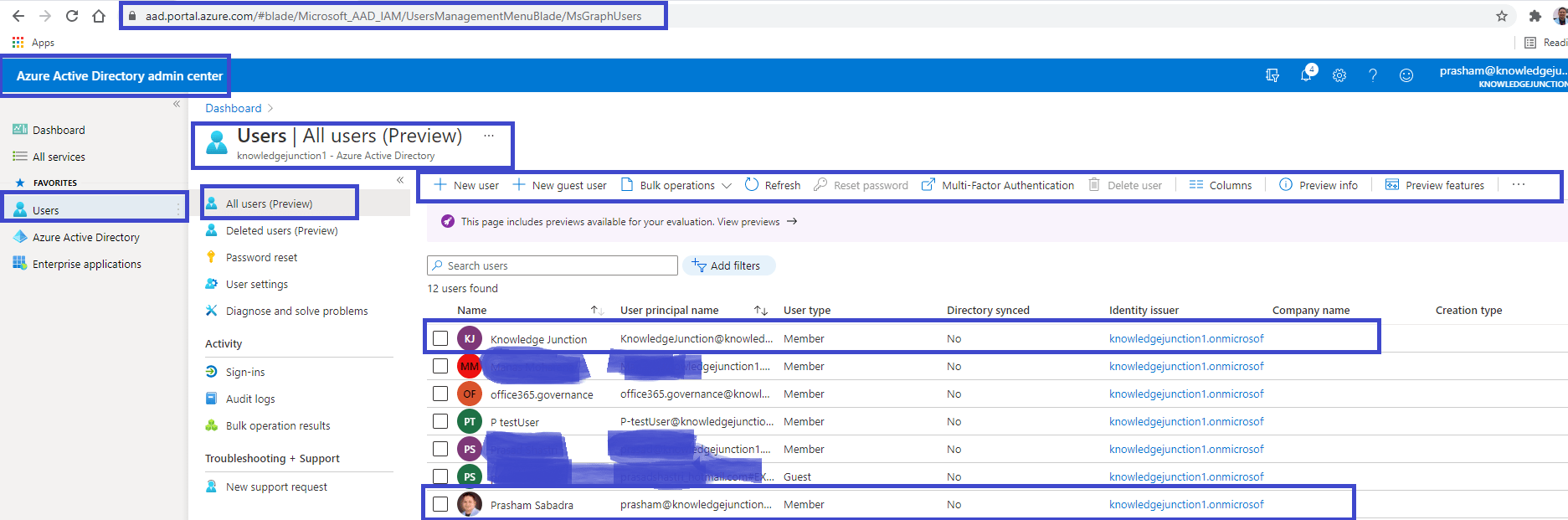 Azure Active Directory Admin center - user listing