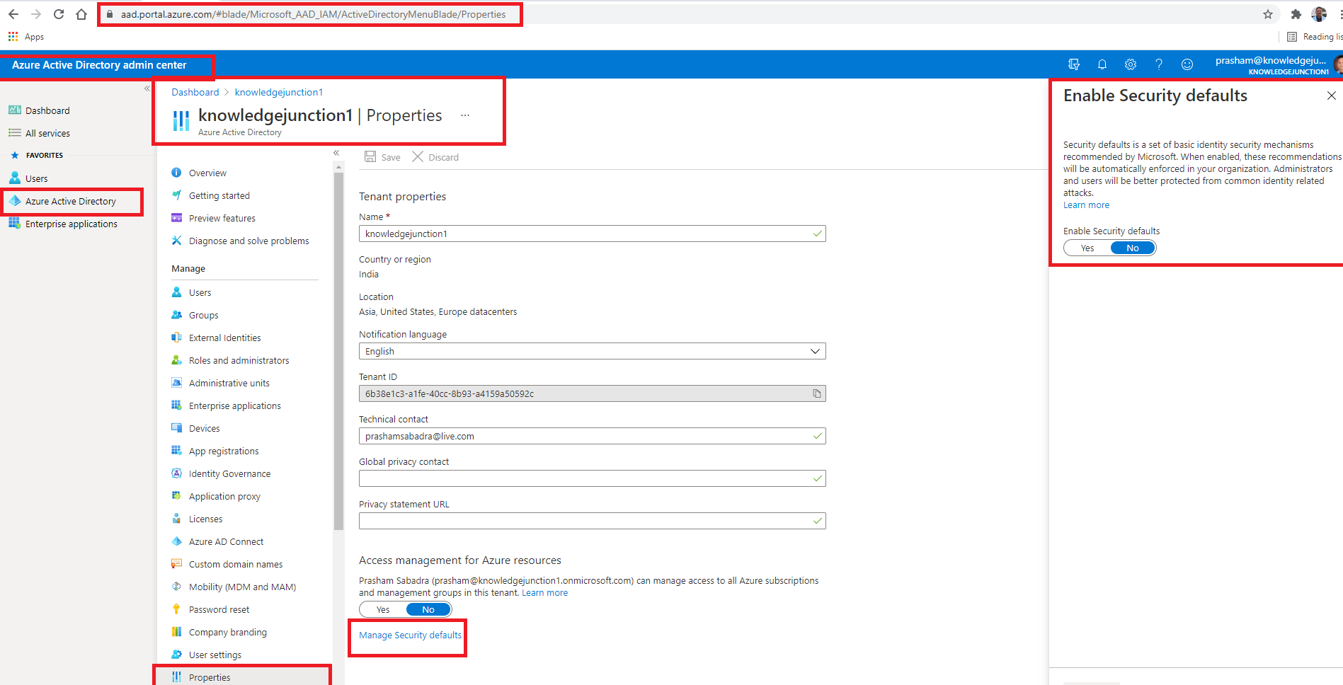 Azure Active Directory admin center : Tenant-wide settings - "Manage Security defaults" link - Enable / Disable Security defaults