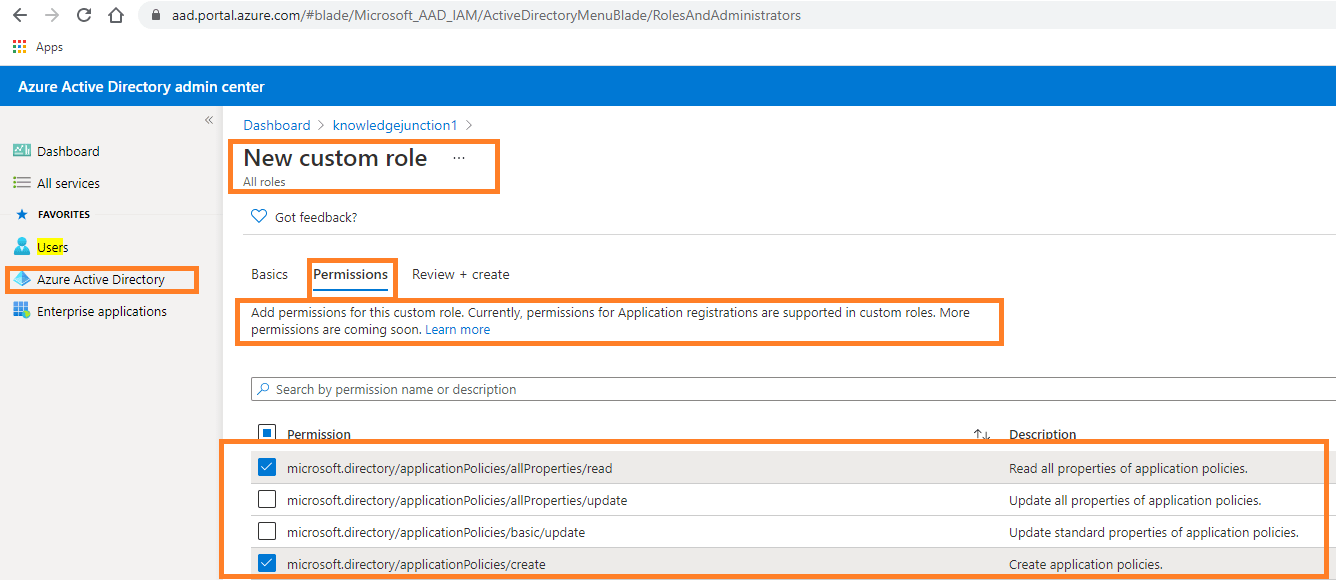 Creating custom role definition - Azure Active Directory admin center - assigning the permissions for new custom role definition