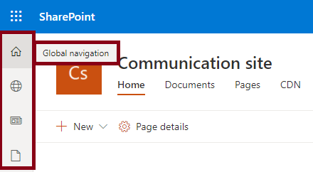 SharePoint app bar - Home icon showing Global Navigation