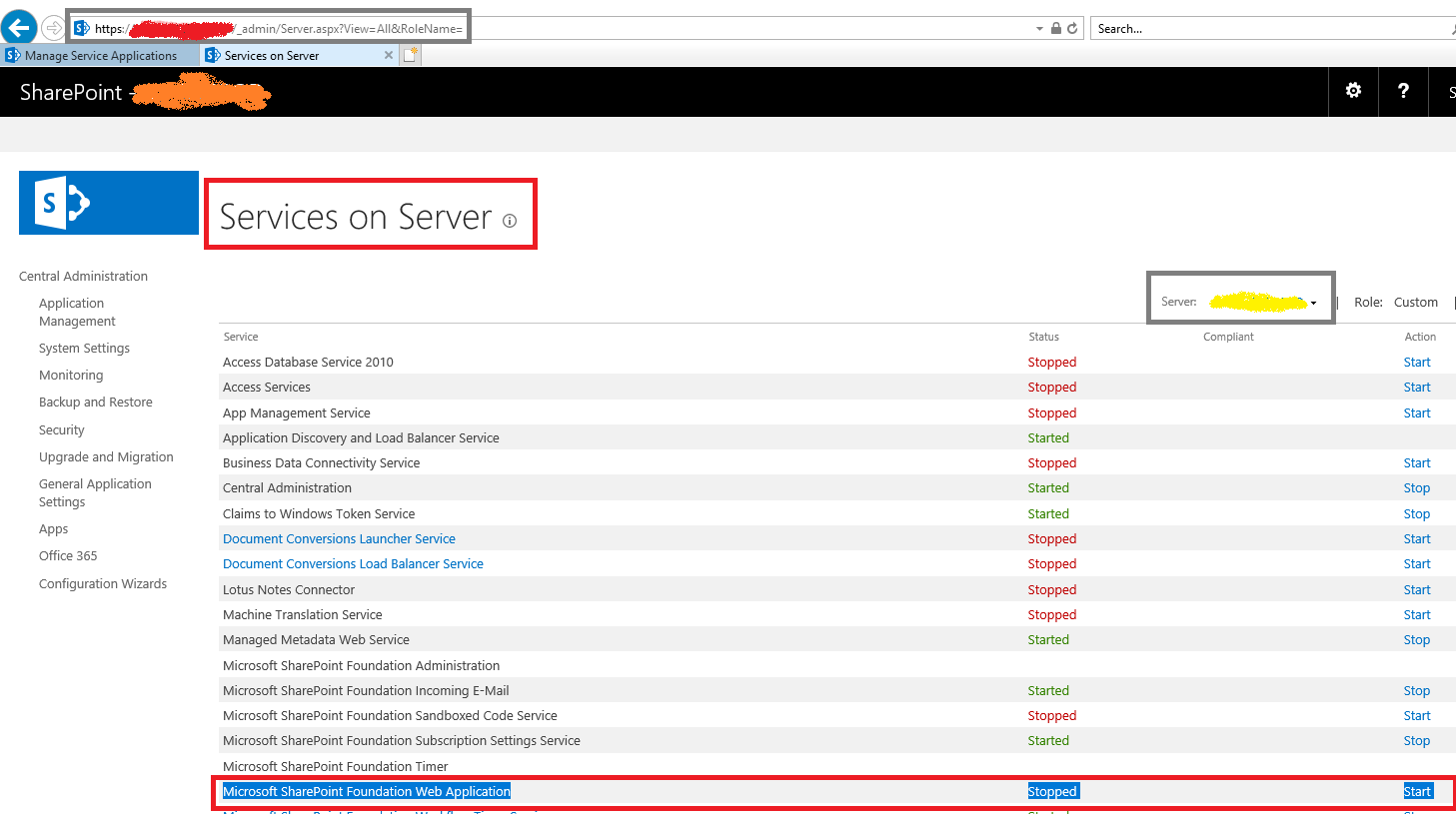 SharePoint 2016 - Central Administration - Services on Server - Microsoft SharePoint Foundation Web Application service stopped