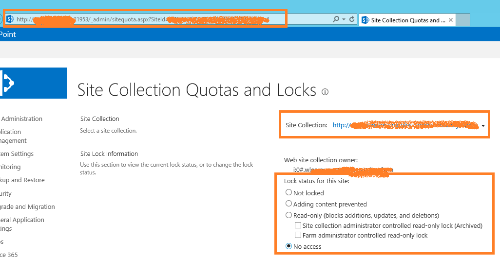 SharePoint 2013 Central Administration - Site Collection Quotas and Locks page
