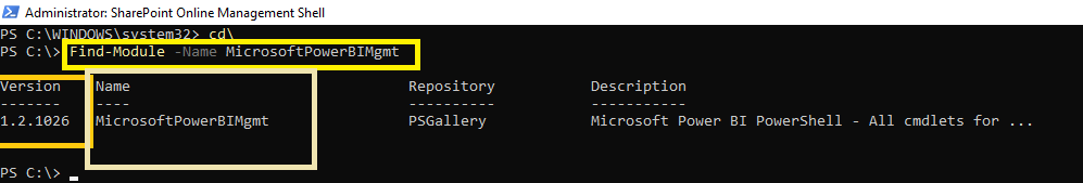 Verifying the PowerBI module - MicrosoftPowerBIMgmt