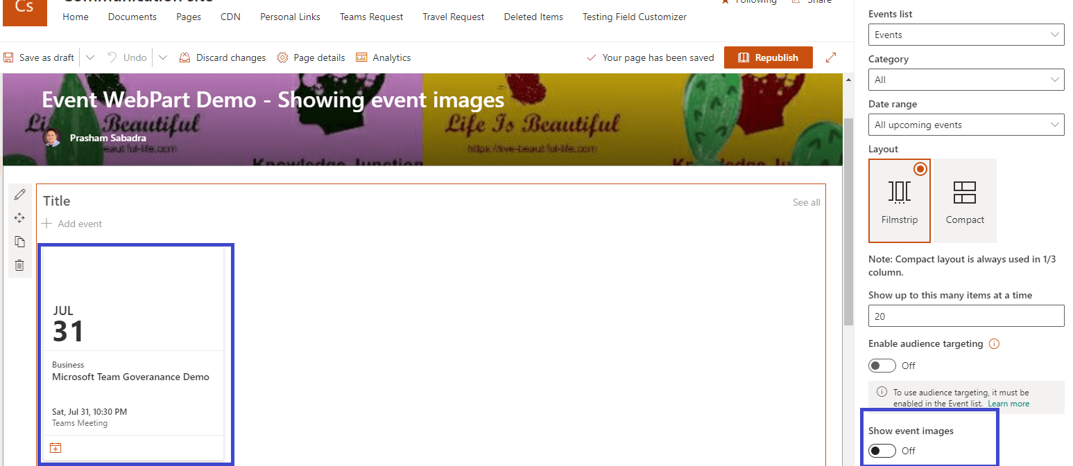 M365 - SharePoint online - SharePoint Events web part will display event imagesEvent web part - showing