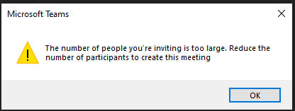 Teams meeting invite recipients limit from Outlook client