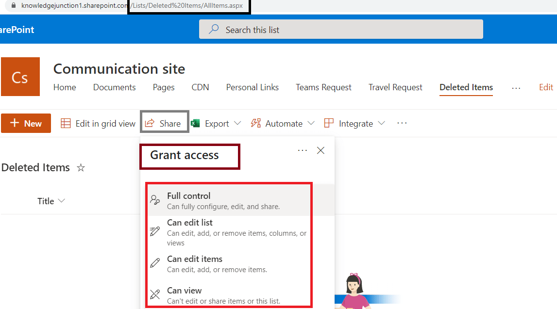 Microsoft 365 - Microsoft List - "Share" option available