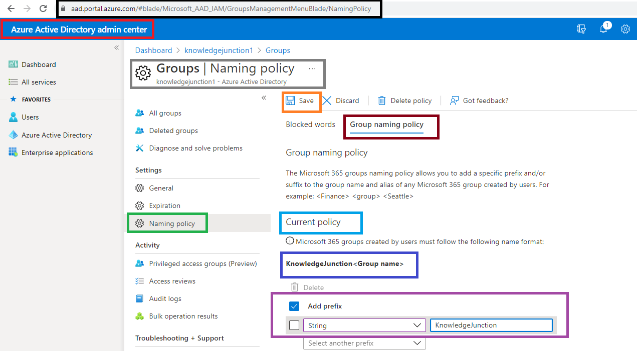 Microsoft 365 admin center - Azure Active Directory admin center - Groups naming policy