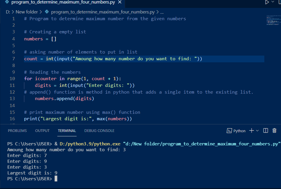 Fig1 - Code and Output in visual studio code