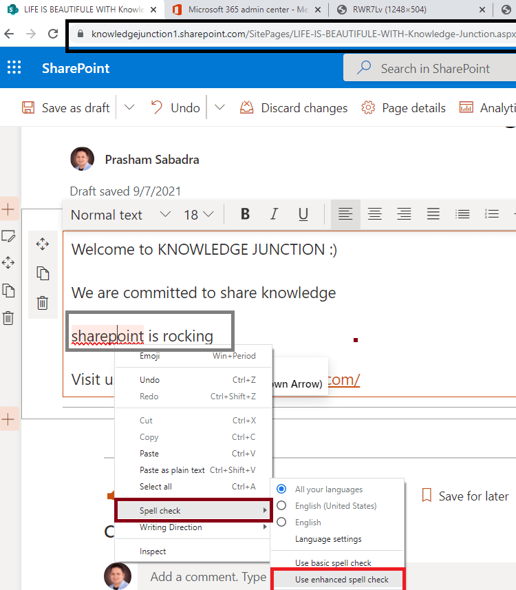 Microsoft 365 - New feature - Microsoft Editor Spellcheck and Grammar in SharePoint Pages