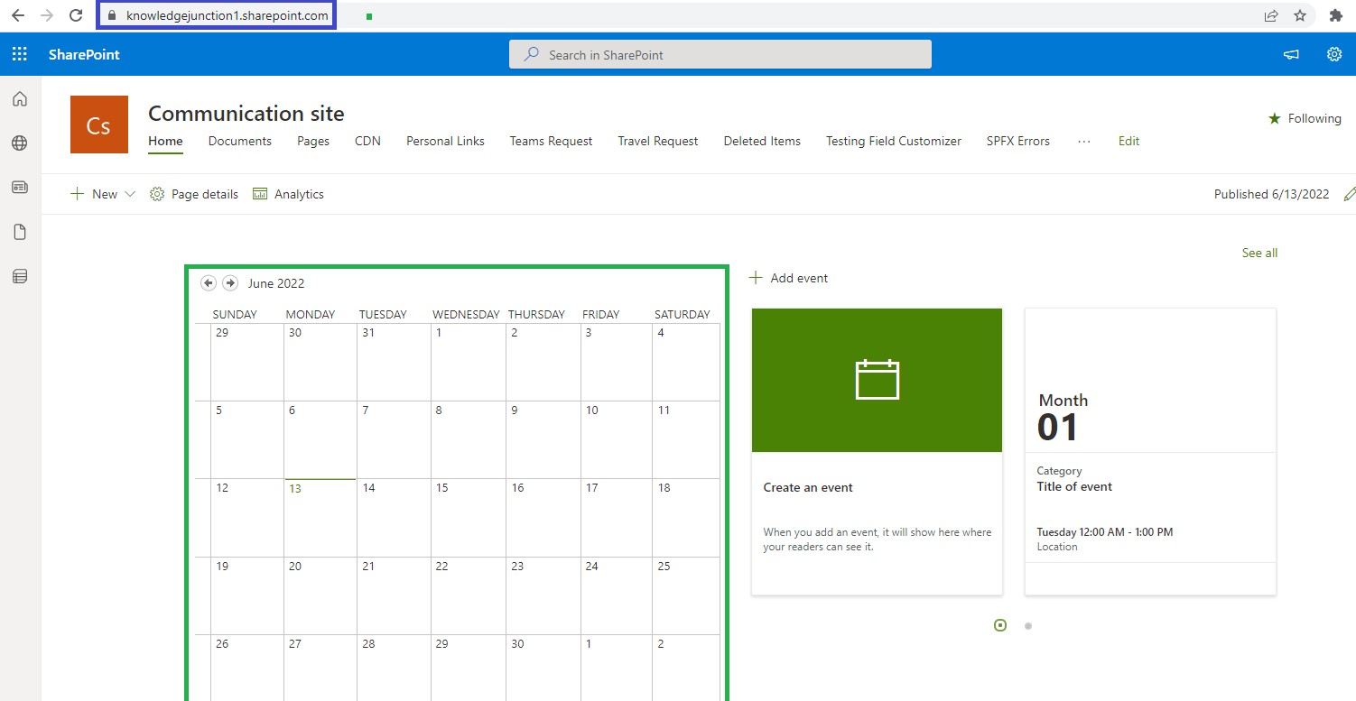 Microsoft 365 - SharePoint Online - Calendar view of "Event" list on Modern page using Embed WebPart