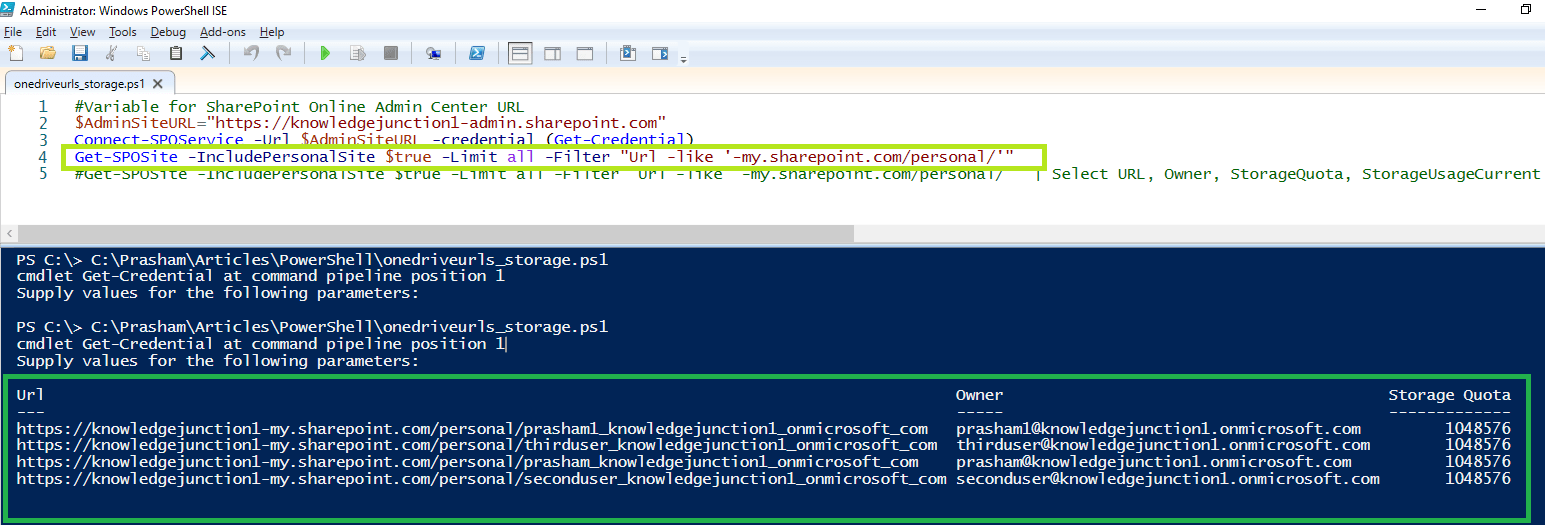 PowerShell - Fetching all onedrive URLs, owners and Storage Quota