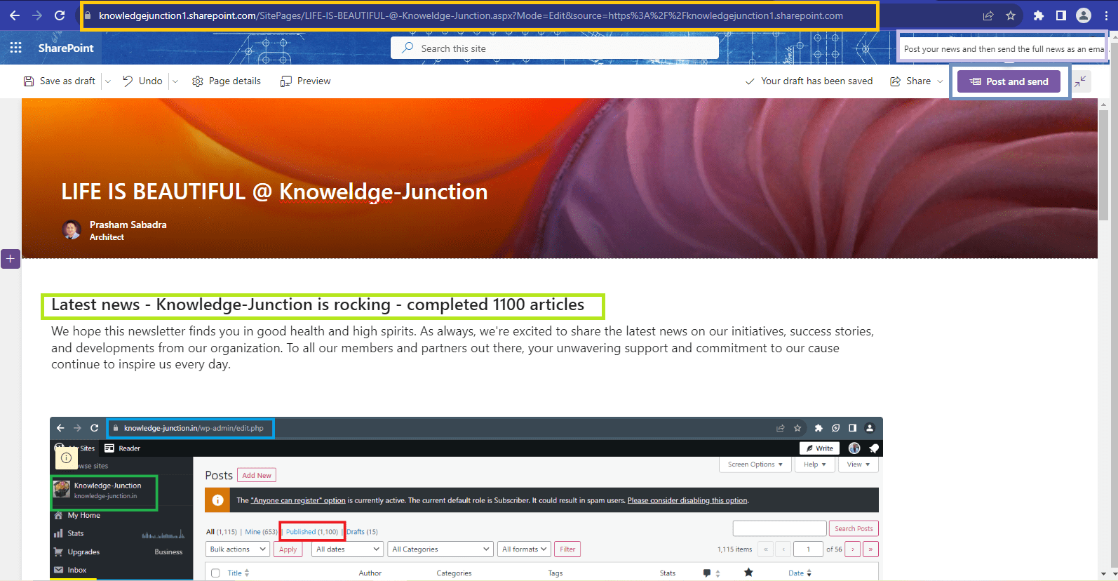 fig : Microsoft 365 - SharePoint online - new feature - News in Outlook - draft news