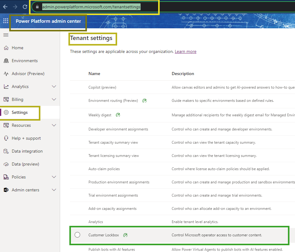 Power Platform - Tenant Settings - Customer Lockbox