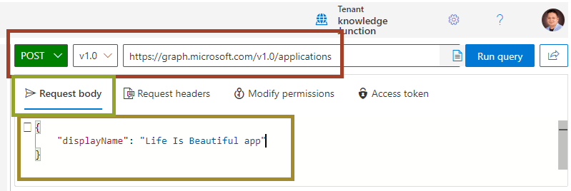 Microsoft Graph Explorer - Request body for creating / registering new app
