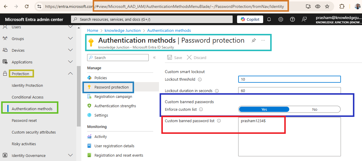 Microsoft Entra admin center - Protection >> Authentication methods >> Password protection
