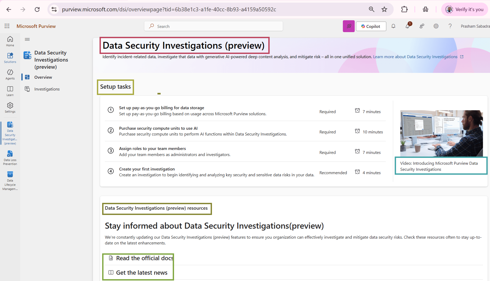 Microsoft Purview Portal - Data Security Investigations (preview) overview page