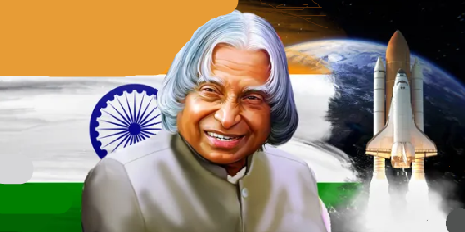 Dr. A.P..J. Abdul Kalam with Indian flag, a missile and Earth in the background