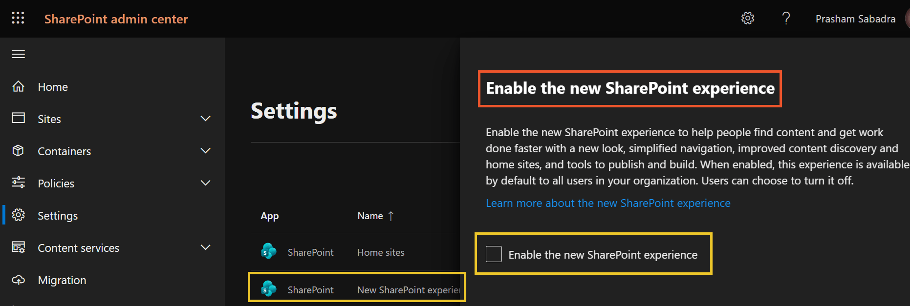 image: SharePoint admin center >> Settings >> Enable the new SharePoint experience