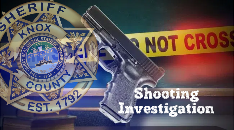 "Shooting Investigation" with pistol, KCSO badge, and crime tape background