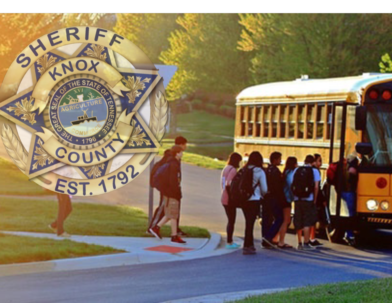Kids getting on to school bus with KCSO badge overlay