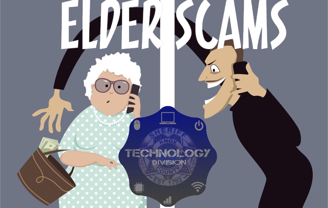 "Elder Scams" with clipart of man taking money from elderly woman's purse and Technology Division badge